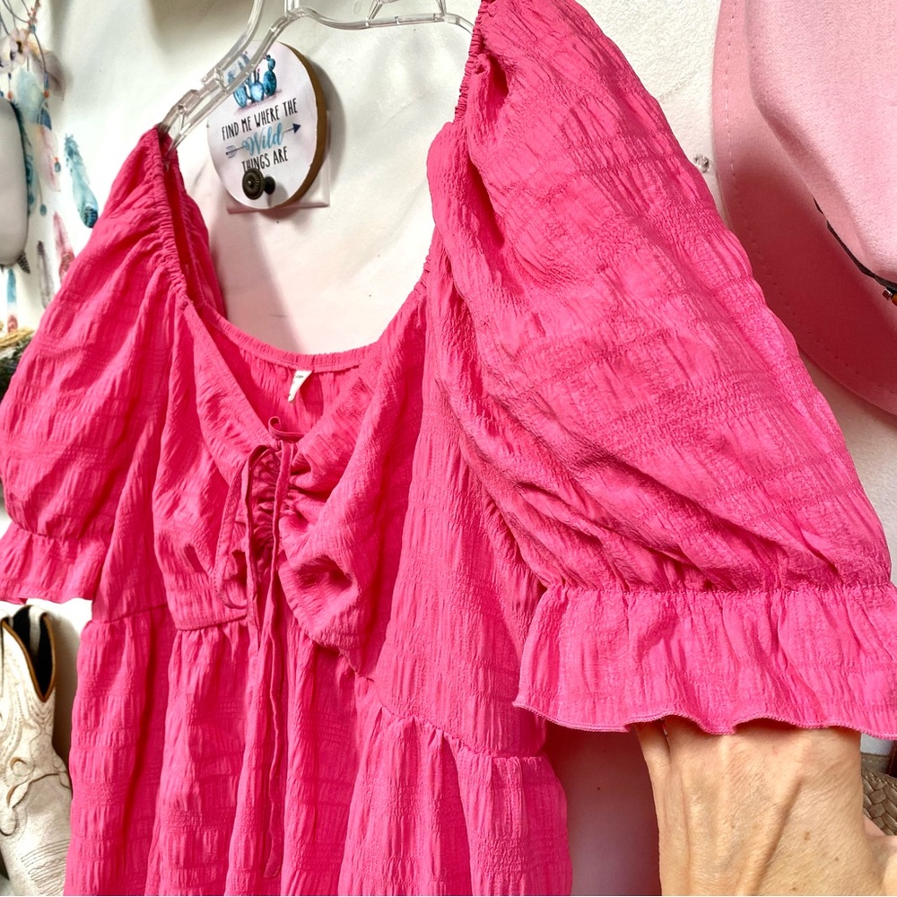 Barbiecore w Puff sleeves boho pink dress with doll shabby chic vibe - Picture 7 of 13